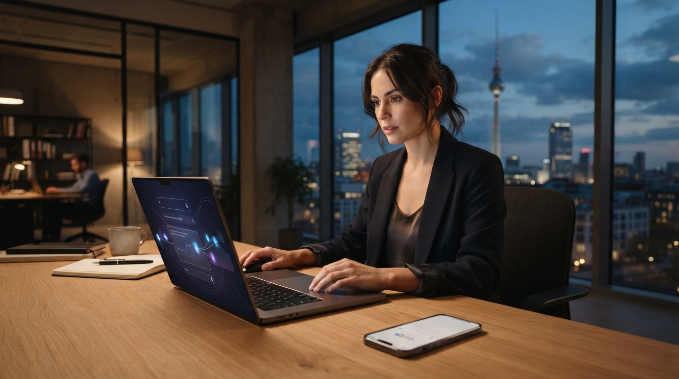 A professional in a modern Berlin office interacts with an AI chat interface on a laptop, while a smartphone shows a fading Google search bar, symbolizing the shift from traditional search to AI-powered discovery.