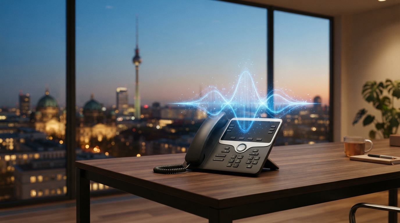 A modern office phone on a desk with a glowing digital voice wave, set against a Berlin cityscape at dusk, symbolizing AI-powered phone assistance.