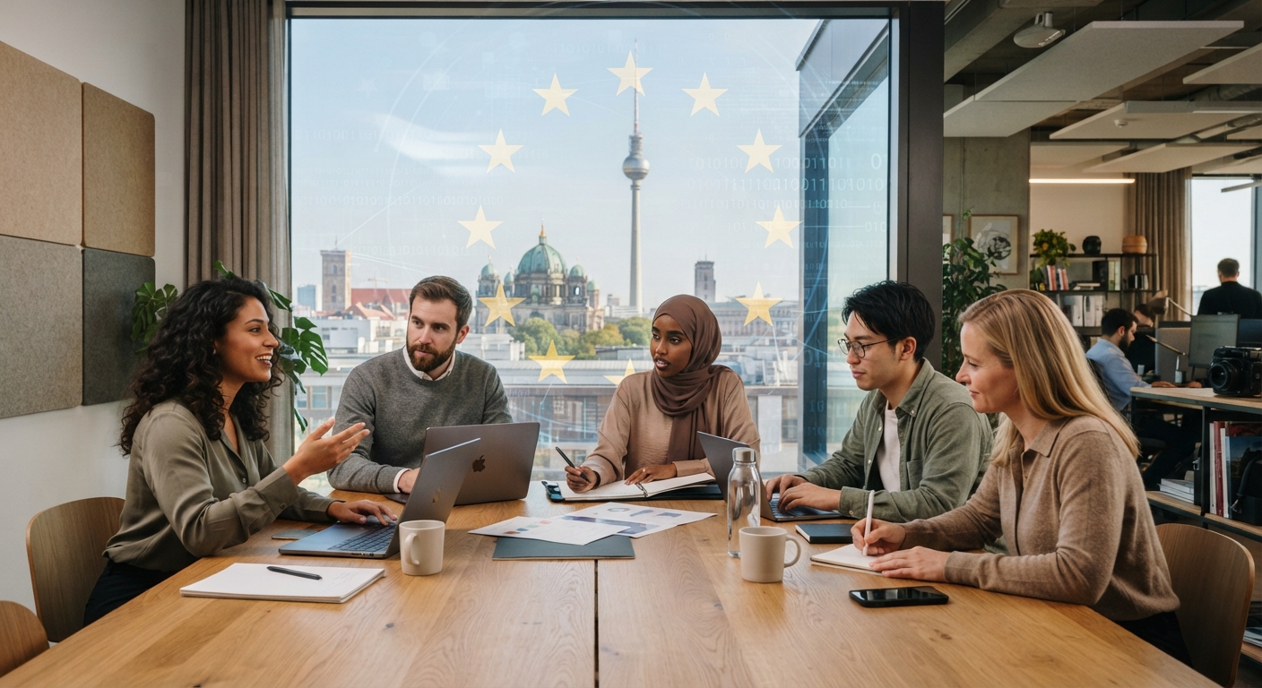 A modern Berlin office with professionals working, EU stars subtly reflected on a window, symbolizing AI compliance for local SMEs.